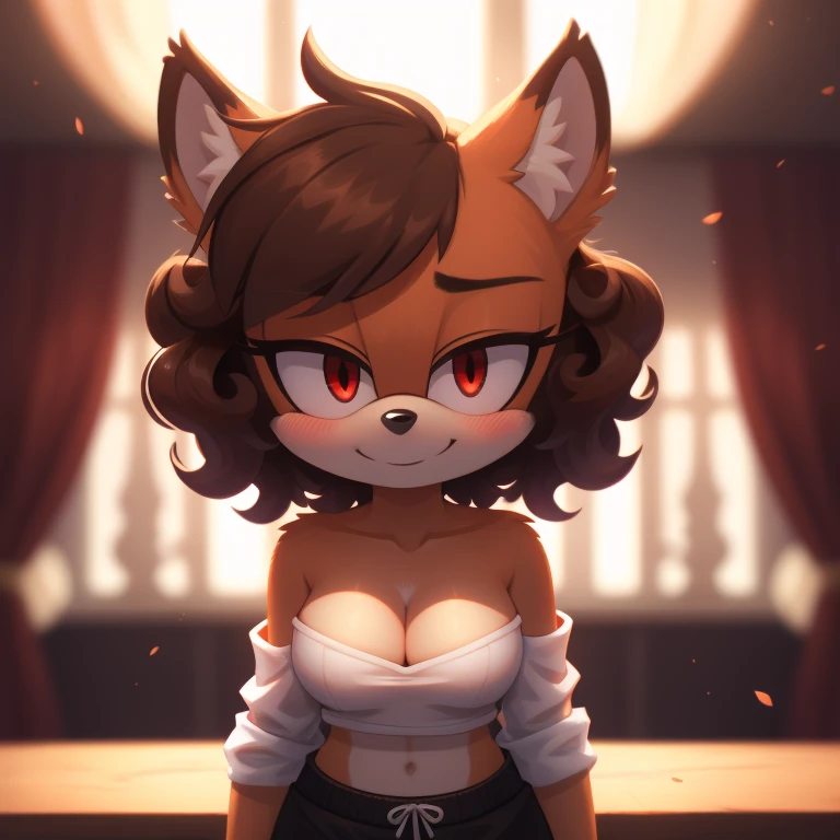 mobian, solo, hedgehog, two-tone fur ((orange fur, brown fur)), strapless crop top, baggy pants, cleavage, two-tone hair (brown hair, black tip)), curly hair, halo, sunglasses, jewelry, red eyes, longeyelashes, red eyes, smile, shy, blush,  framed, stereogram, image fill, viewfinder, depth of field, high details, high detail, masterpiece, UHD, anatomically correct, super detail, highres, 4K