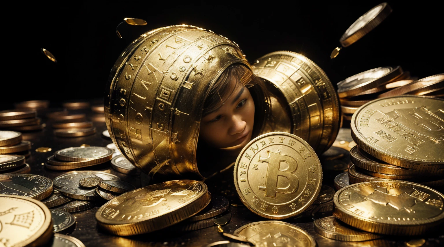 a man analyzing a stock market graph, GOLD COINS FALLING FROM THE SKY, ultra detailed image, realism, 8k, hyper detailed skin, intense and vivid colors.