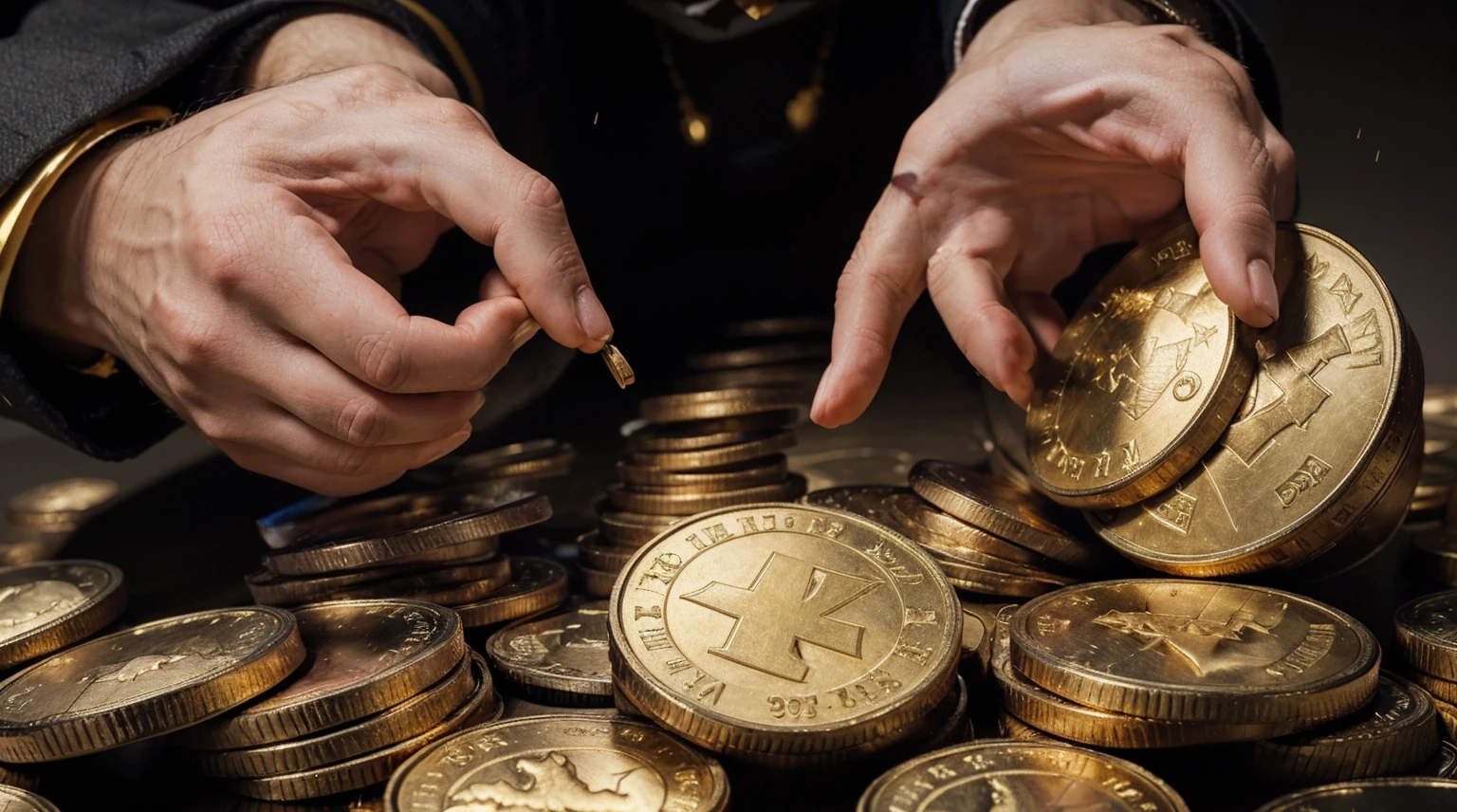 a man analyzing a stock market graph, GOLD COINS FALLING FROM THE SKY, ultra detailed image, realism, 8k, hyper detailed skin, intense and vivid colors.