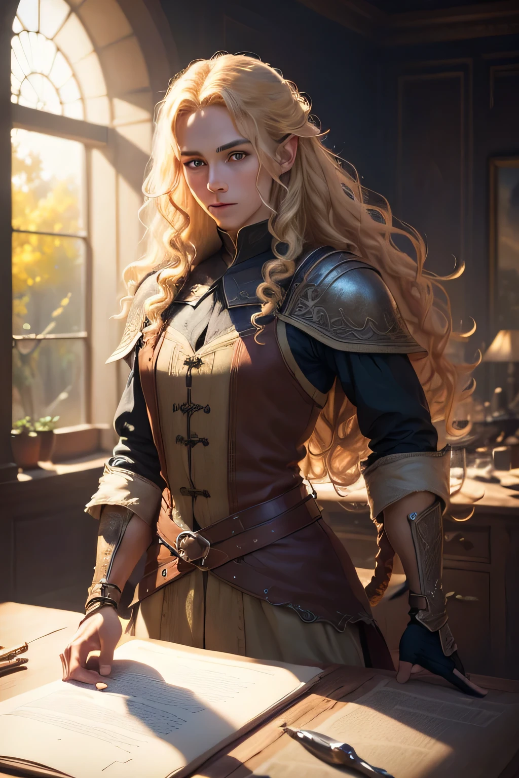 ((best qualityer)), ((work of art)), (detailded), 8K, 4K, hight contrast, work of art, 1 fantasy adventurer ,curly blonde hair , similar to the works of JRR Tolkien, clear lighting, detailed shadows