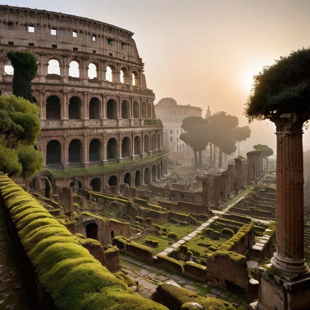 scenario: The historic center of Rome, with the Colosseum and the Roman Forum, abandoned for years, post-war with lots of destruction and chaos, something apocalyptic. The ancient ruins are even more deteriorated, with collapsed rocks and partially collapsed structures. Wild vegetation took over the place, with moss and vines covering the columns and arches. The stone streets are cracked and covered in rubble. A thick fog covers the area, creating an atmosphere of mystery and desolation. The soft light of dawn pierces the fog, highlighting the decaying grandeur of Roman ruins.

Camera: Low angle panoramic view, capturing the extent of the Colosseum and the Roman Forum, with fog enveloping the place. Soft natural early morning lighting, emphasizing the colors of the moss and plants, as well as the details of the historic ruins. Adjust focus to capture fog, adding depth and mystery to the setting.