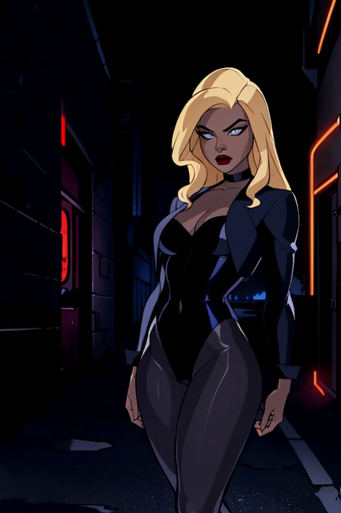 (blackw_Canary_JLU:1.2), blonde hair, blue colored eyes, red lips, body suit, Black pantyhose, black choker, jaqueta cropped, (dark city background, Dangerous city, dark alley:1.5), (Realistic:1.2), (master part:1.2), (full body shot shot:1),(Tiro de cowboy:1.2), neon lighting, dark romantic lighting, (highy detailed:1.2),(face detailed:1.2), (gradients), fullcolor, detailedeyes, (detailed landscape:1.2), (natural lighting:1.2), Close Shot, standing alone,