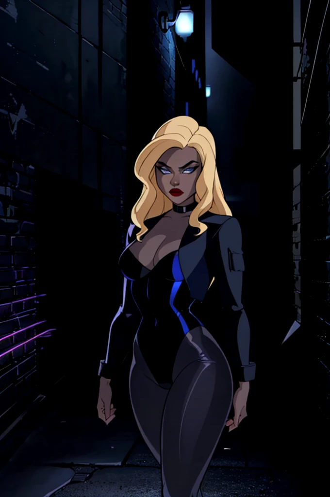 (blackw_Canary_JLU:1.2), blonde hair, blue colored eyes, red lips, body suit, Black pantyhose, black choker, jaqueta cropped, (dark city background, Dangerous city, dark alley:1.5), (Realistic:1.2), (master part:1.2), (full body shot shot:1),(Tiro de cowboy:1.2), neon lighting, dark romantic lighting, (highy detailed:1.2),(face detailed:1.2), (gradients), fullcolor, detailedeyes, (detailed landscape:1.2), (natural lighting:1.2), Close Shot, standing alone,