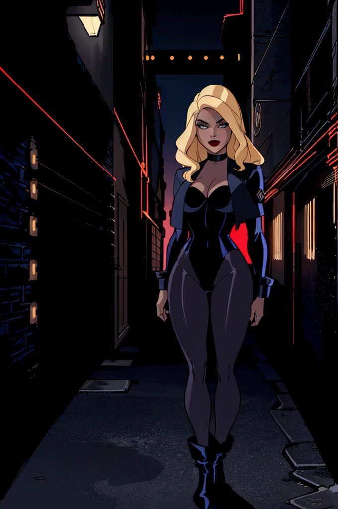 (blackw_Canary_JLU:1.2), blonde hair, blue colored eyes, red lips, body suit, Black pantyhose, black choker, jaqueta cropped, (dark city background, Dangerous city, dark alley:1.5), (Realistic:1.2), (master part:1.2), (full body shot shot:1),(Tiro de cowboy:1.2), neon lighting, dark romantic lighting, (highy detailed:1.2),(face detailed:1.2), (gradients), fullcolor, detailedeyes, (detailed landscape:1.2), (natural lighting:1.2), Close Shot, standing alone,