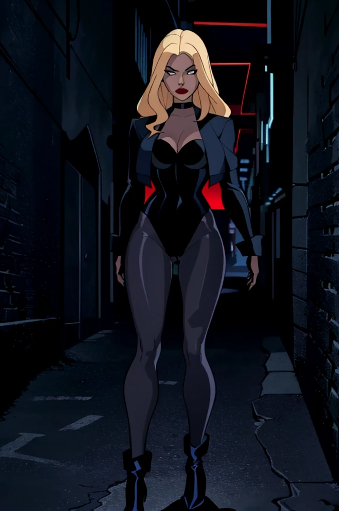 (blackw_Canary_JLU:1.2), blonde hair, blue colored eyes, red lips, body suit, Black pantyhose, black choker, jaqueta cropped, (dark city background, Dangerous city, dark alley:1.5), (Realistic:1.2), (master part:1.2), (full body shot shot:1),(Tiro de cowboy:1.2), neon lighting, dark romantic lighting, (highy detailed:1.2),(face detailed:1.2), (gradients), fullcolor, detailedeyes, (detailed landscape:1.2), (natural lighting:1.2), Close Shot, standing alone,
