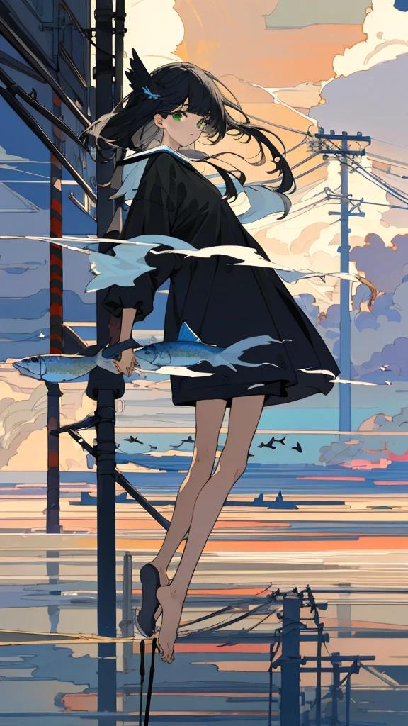 masterpiece, Exquisite detail,Highest quality, One girl, alone, handrail, cloud, 立ってzeroを見上げている,Long Hair, shoes, zero, Long sleeve, sneakers, Power lines, White footwear, Black Hair, View your viewers, Electric pole, bangs, cloudy zero, fish, bird, Green Eyes, Shorts, animal, Day, Black Shirt, barefoot
