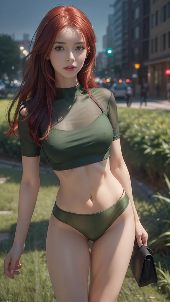 ((Realistic lighting, Best quality, 8K, Masterpiece: 1.3)), Clear focus: 1.2, 1 girl, Perfect Figure: 1.4, Slim Abs: 1.1, See through, tight clothing, ((Red-Haired)), (panties: 1.4), (Green crop top: 1.4), (Outdoor, Night: 1.1), City streets, Super fine face, Fine eyes, Double eyelids,