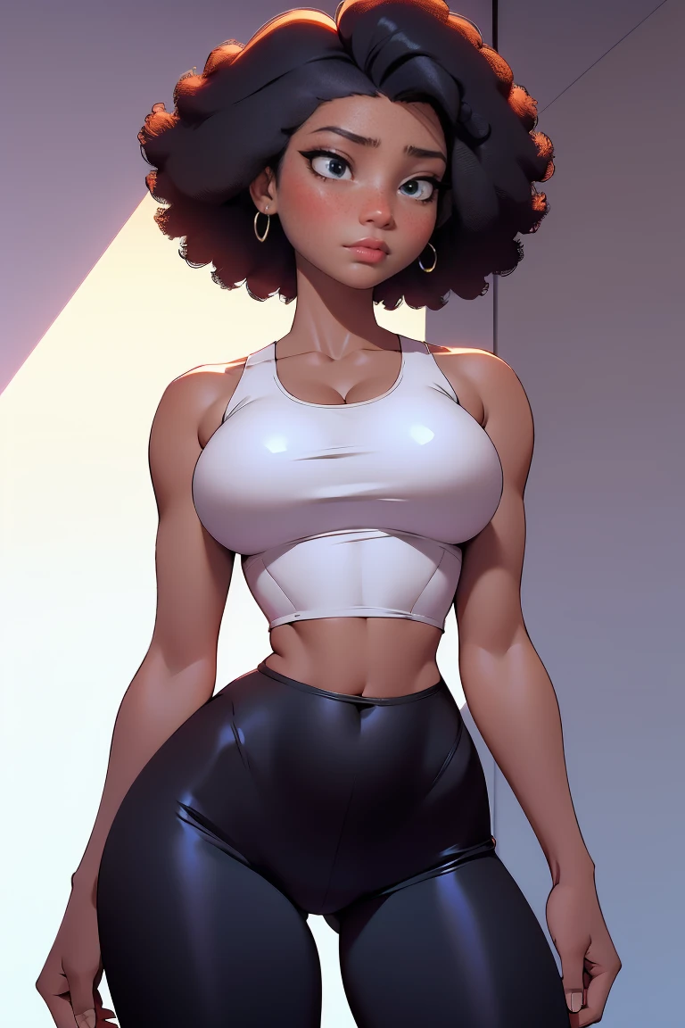 afro american girl, dark skin, behind view, afro haircut, 1 girl, solo, (black leggins) (crop tank top, cleavage), sleveless, medium perky , wide hips