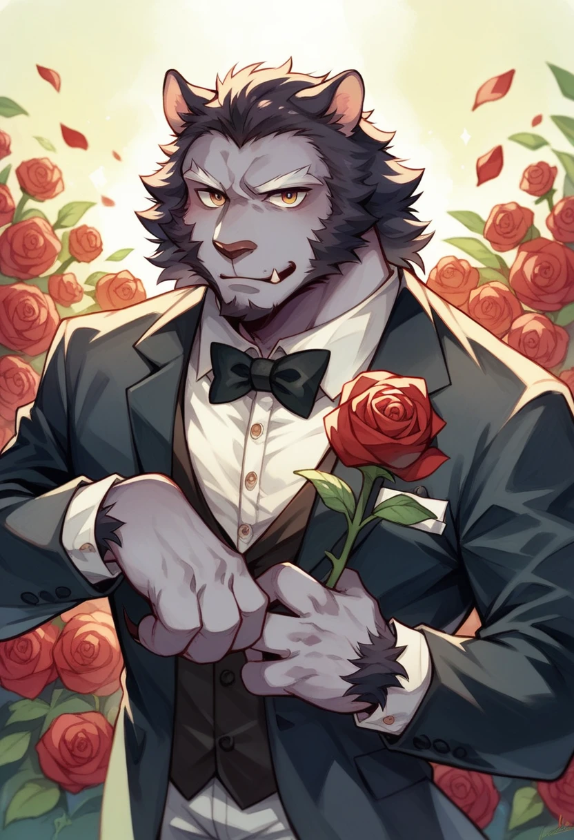 Watercolor elements, 1 boy, Beast field, hairy, Delicate body hair, Animal Face, Animal hands, Handsome boy in tuxedo holding a red rose and looking at the viewer,