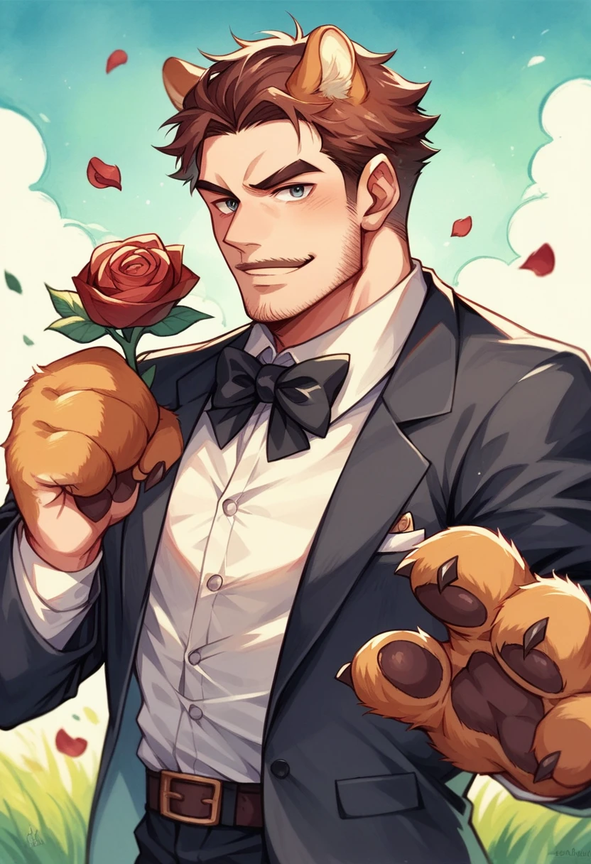 Watercolor elements, 1 boy, Beast field, hairy, Delicate body hair, Animal Face, Animal hands, Handsome boy in tuxedo holding a red rose and looking at the viewer,