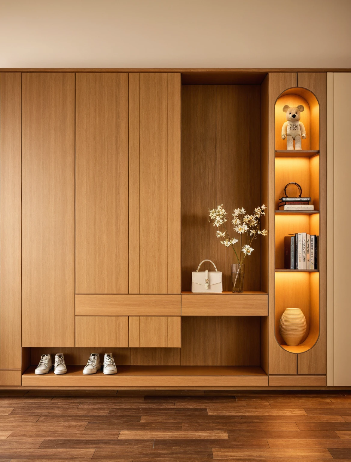 Raw photo,Masterpiece, high quality, best quality, authentic, super detail, interior, shoes Cabinet style modern, sunset, daylight, shoe cabinets, decorative cabinets, flower vases, decorations, books, wooden floor, handbags, shoes, bearbrick,