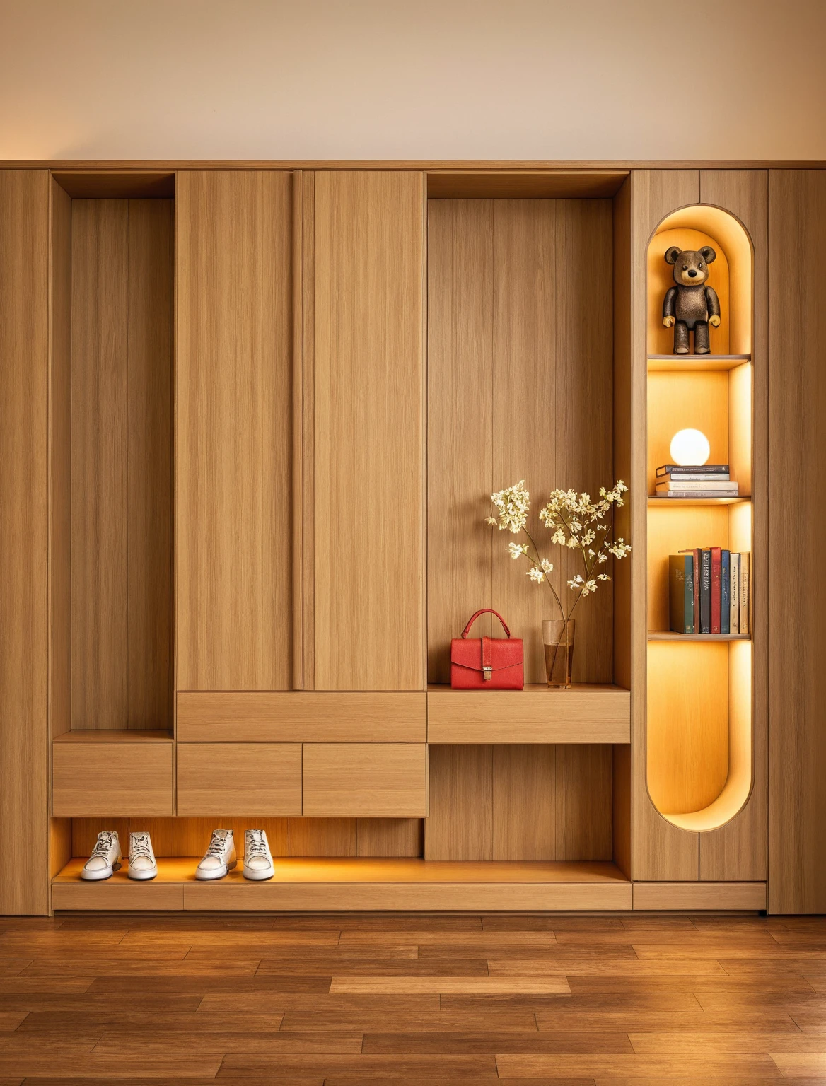 Raw photo,Masterpiece, high quality, best quality, authentic, super detail, interior, shoes Cabinet style modern, sunset, daylight, shoe cabinets, decorative cabinets, flower vases, decorations, books, wooden floor, handbags, shoes, bearbrick,