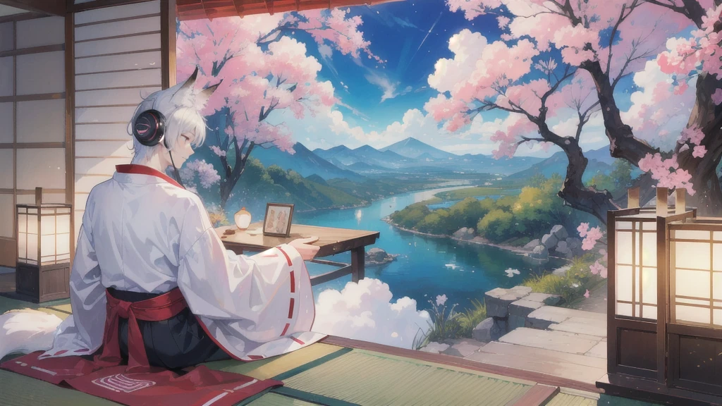 (masterpiece, Highest quality, Highest quality, Official Art, beautifully、aesthetic,1 boy:1.5), A silver-haired male character walking through a Japanese garden while listening to music、Japanese style illustration of a man with fox ears and a fox tail playing the koto. A scene of a man in a traditional kimono enjoying music while admiring the scenery. A male character sitting on a balcony and playing a Japanese musical instrument. A man with fox ears and a fox tail listening to music with a castle town landscape in the background. In a Japanese-style room lined with folding screens and lanterns.、Scene of a man wearing earphones enjoying music. Image of a man sitting on a porch, looking at the view and listening to music with a gentle smile. A man in traditional Japanese clothing has fox ears and a fox tail.、A man wearing headphones enjoying music is sitting in a Japanese garden、A kind-looking man wearing fox ears creates a peaceful atmosphere..、Listening to music with a castle town in the background,Wide-angle ,Detail View. 8k wallpaper. High resolution. --s 1000