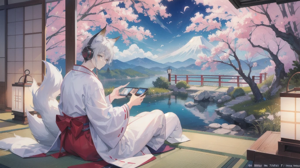 (masterpiece, Highest quality, Highest quality, Official Art, beautifully、aesthetic,1 boy:1.5), A silver-haired male character walking through a Japanese garden while listening to music、Japanese style illustration of a man with fox ears and a fox tail playing the koto. A scene of a man in a traditional kimono enjoying music while admiring the scenery. A male character sitting on a balcony and playing a Japanese musical instrument. A man with fox ears and a fox tail listening to music with a castle town landscape in the background. In a Japanese-style room lined with folding screens and lanterns.、Scene of a man wearing earphones enjoying music. Image of a man sitting on a porch, looking at the view and listening to music with a gentle smile. A man in traditional Japanese clothing has fox ears and a fox tail.、A man wearing headphones enjoying music is sitting in a Japanese garden、A kind-looking man wearing fox ears creates a peaceful atmosphere..、Listening to music with a castle town in the background,Wide-angle ,Detail View. 8k wallpaper. High resolution. --s 1000