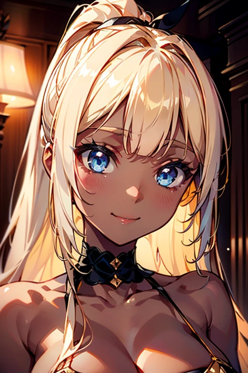 Portrait、、Bright expression、ponytail、Young, shiny, white, glossy skin、Gloss Face、Shining Cheek Gloss、Small Face Beauty、The best beauty、The dazzling light of blonde hair、Bright blonde hair with dazzling highlights、Very beautiful shiny light blonde hair、super long silky straight hair、Her shiny, beautiful bangs are covering her eyes.、Sparkling, clear, attractive, bright, large, pale blue eyes、Very big eyes、eyeliner、very beautiful lovely cute 16 year old girl、(huge Bust:1.3), full body , smile , (dark skin :1.3), wearing bikini