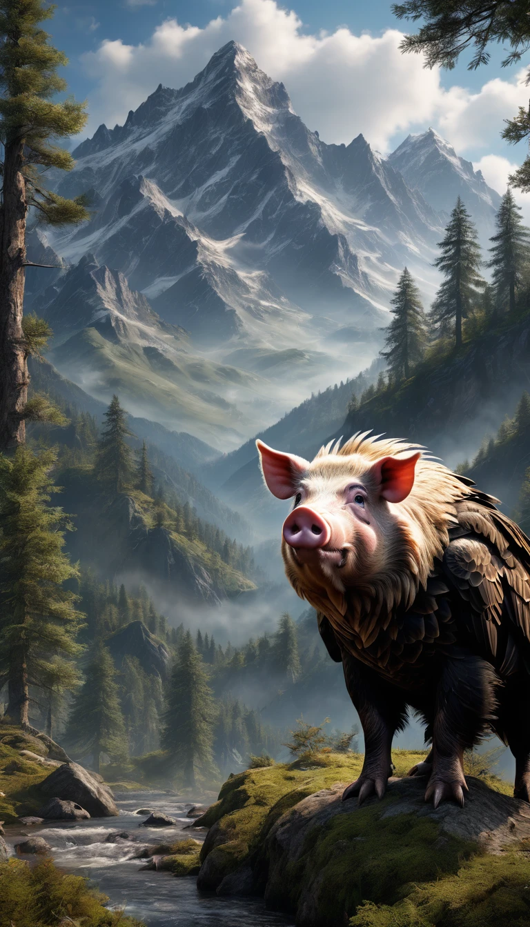 Mountains and forests,There is a kind of beast,Looks like a pig,The claws of an eagle,(best quality,4K,8K,High level,masterpiece:1.2),Ultra Detailed,(lifelike,Photo real,Photo real:1.37),Highly detailed animals,Realistic lighting,Fantasy Creatures