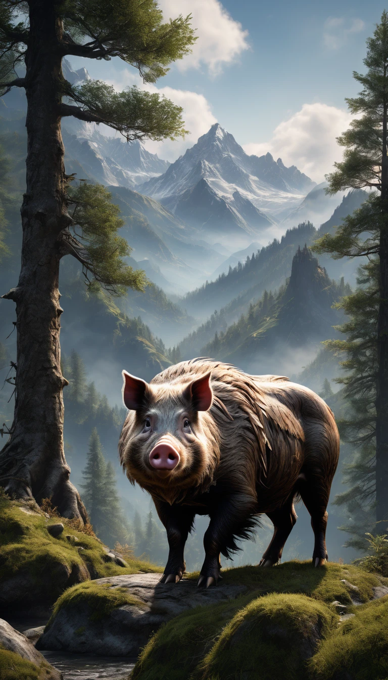 Mountains and forests，There is a kind of beast，Looks like a pig，The claws of an eagle，(best quality，4K，8K，High level，masterpiece：1.2），Ultra Detailed，（lifelike，Photo real，Photo real：1.37），Highly detailed animals，Realistic lighting，Fantasy Creatures