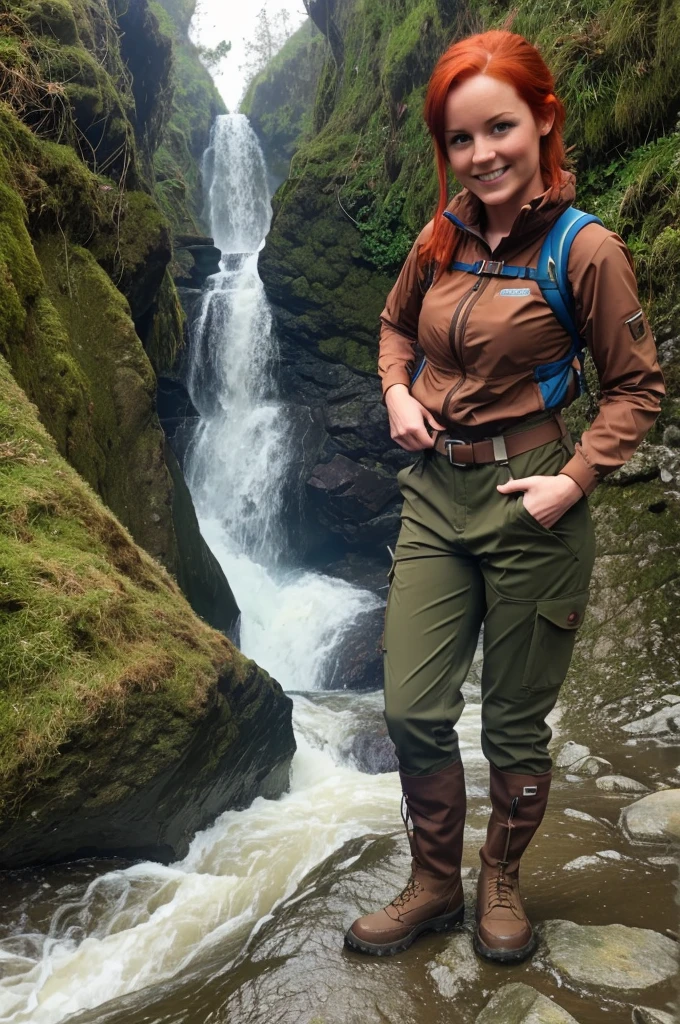 chris Eclear waterfall Flooding In Torrance from 35 feet high Irish Vibrant red hair girl "She's very tall In a Hiking pants and top in the colour of Brown khaki Gear, Standing knee high Blue in water of crystal blue colour with two white little dogs Give this picture an Irish feel of an Irish countryside