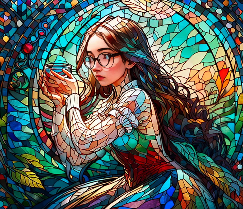 stained glass, woman glasses, girl, detail, high definition, 4k, balanced, bright, contrast, 