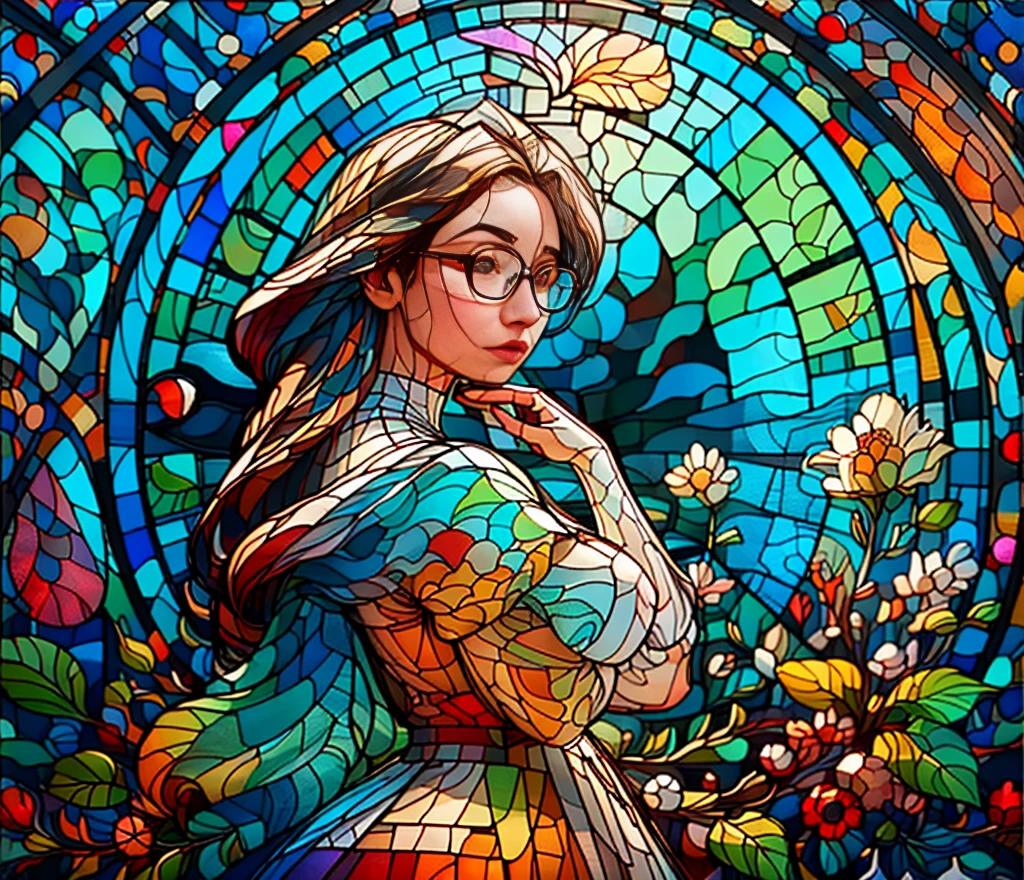 stained glass, woman glasses, girl, detail, high definition, 4k, balanced, bright, contrast, 