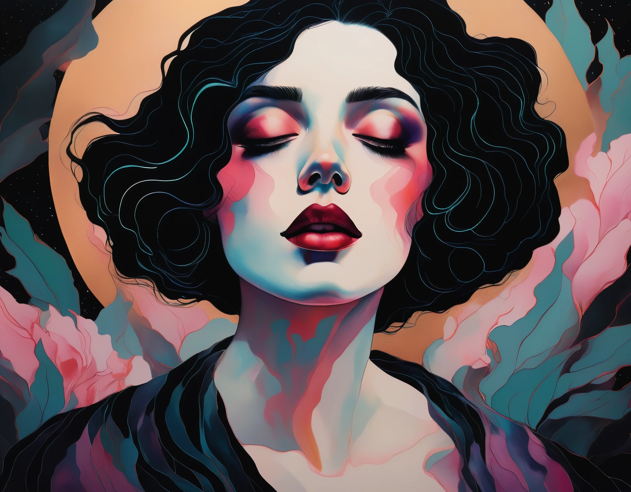 chiaroscuro technique on sensual illustration of an elegant woman, vintage , eerie, matte painting, by Hannah Dale, by Harumi Hironaka, extremely soft colors, vibrant, highly detailed, digital artwork, high contrast, dramatic, refined, tonal, revealing underlayers, abstract landscape