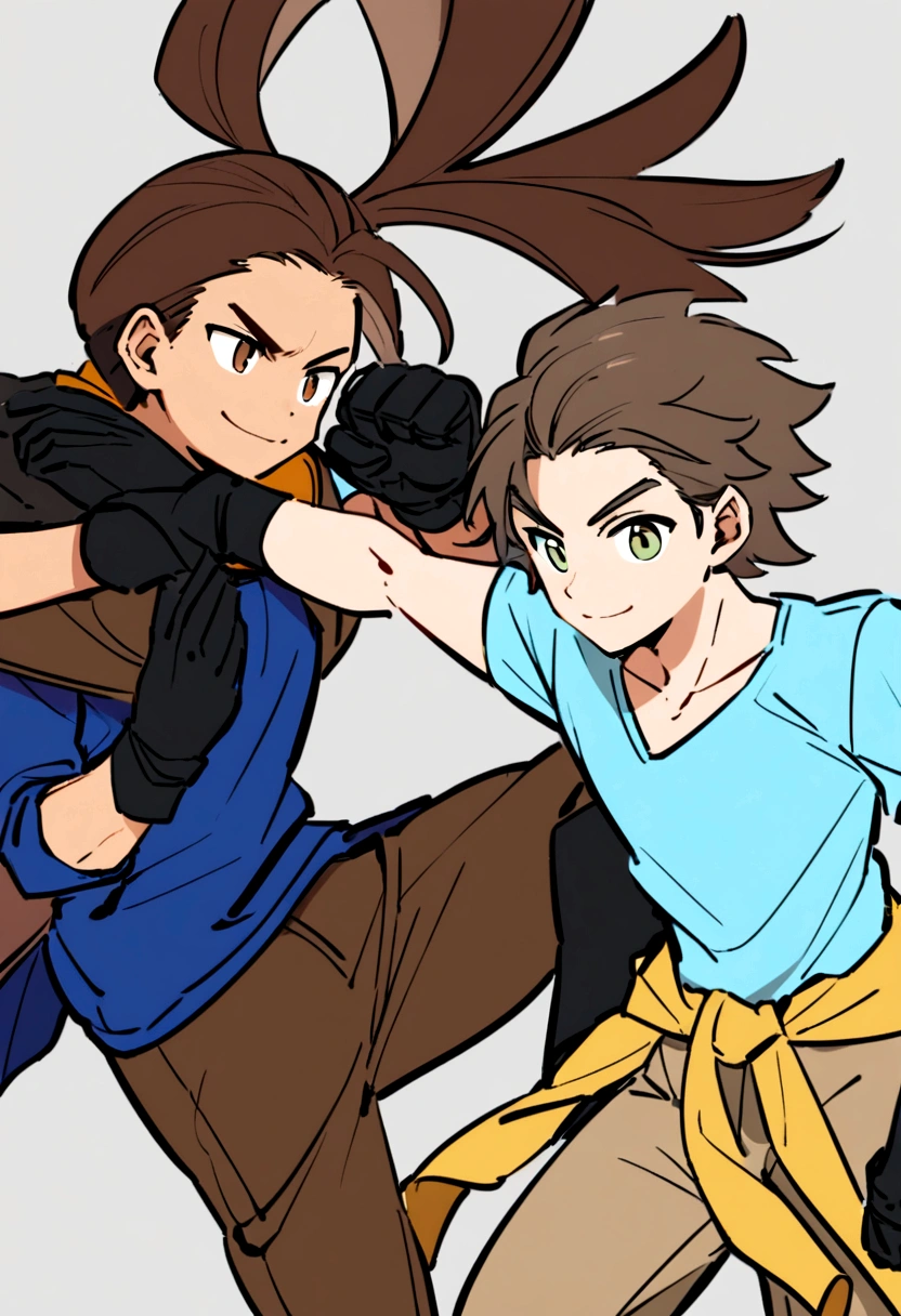 age boy, neat hair medium length hair, dark brown hair, eyes browns, Simple smile, white shirt, blue blouse around the waist, Brown pants, black fighting gloves