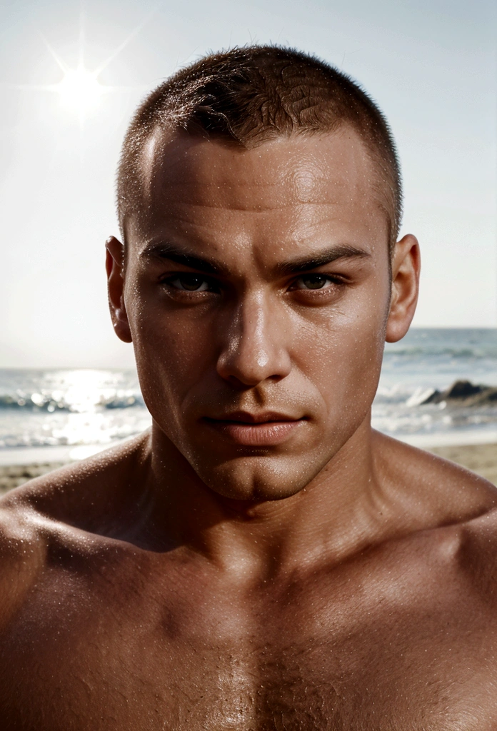 master piece, muscular man, at the beach, buzzcut, face towards the camera , cinematic