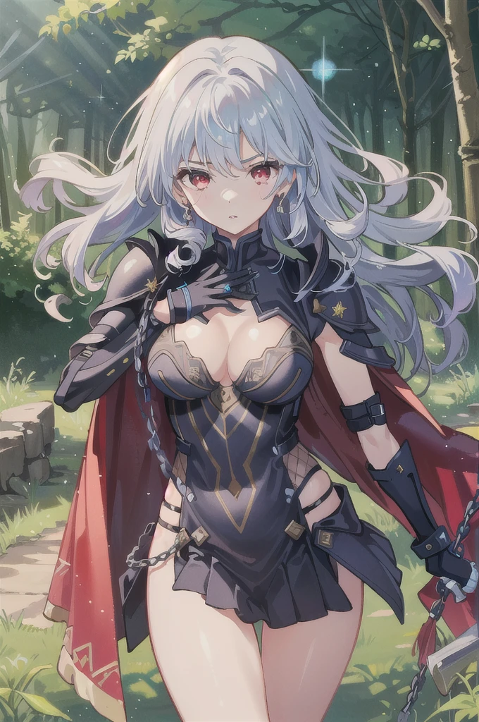 A girl is posing for a photo, cute女の子, Enchanting girl, Anime Girls, (Light purple hair、Wavy Hair、Twin Drill), (Red eyes, Droopy eyes), ((Dark Skin)), break (((Silver Armor、Lower body armor、Chain Mail、Jeweled Breastplate、Gauntlet、Shingard、Red Cape)))、 (((Highest quality)), ((masterpiece)), (Very detailed), (High resolution), (Beautiful sparkle), (High detail), (Anatomically correct)), ((Realistic)), ((The best CG)), Highly detailed art, CG illustration, 16K, 1080P, Oil paints:1.2, (((One Girl))), (Symmetrical facial features, Perfect Face), Beautiful clavicle, (Beautiful fingers), (Beautiful breasts, (Ccup)), Beautiful body, Beautiful thighs, Beautiful legs, Perfect round ass, (((Detailed skin, Oily skin, Textured skin, Beautiful Skin))), (((Baby Face, cute, ))), double eyelid, Long eyelashes, (Expression of fine eyes, Beautiful and delicate eyes, Sparkling eyes, Eye Reflexes), (Beautiful Nose,Thin Nose), (Glossy Lips, Beautiful Lips, Thick lips), (Beautiful Hair, Shiny Hair, Shiny Hair), Hair fluttering), (Serious expression), break (noon、(Fantasy World、in the forest)), ((walking、Cowboy Shot))
