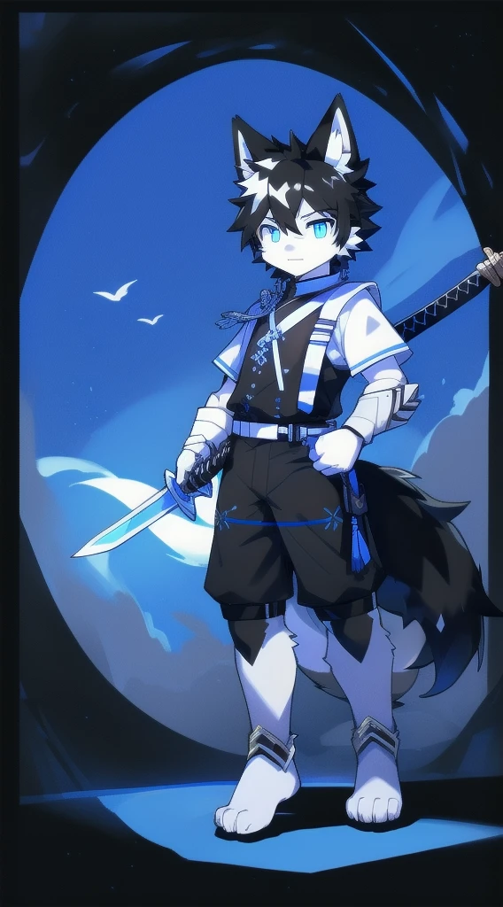 White Wolf，black hair，Sky blue eyes，hairy，Wolf ears，Wolf tail，Full body portrait，The character is in the center of the frame，Handsome，Confident eyes，male，juvenile，Black and white combat uniform，Red neck bib，Black shorts，Short sleeve，hairy arms and legs，Dark background，Dark battlefield，dawn，sunrise，dawn，illumination，shadow，Swordsman，Scabbard and sword，Hold the hilt of a sword in your hand，The scabbard is at the waist，Highest quality