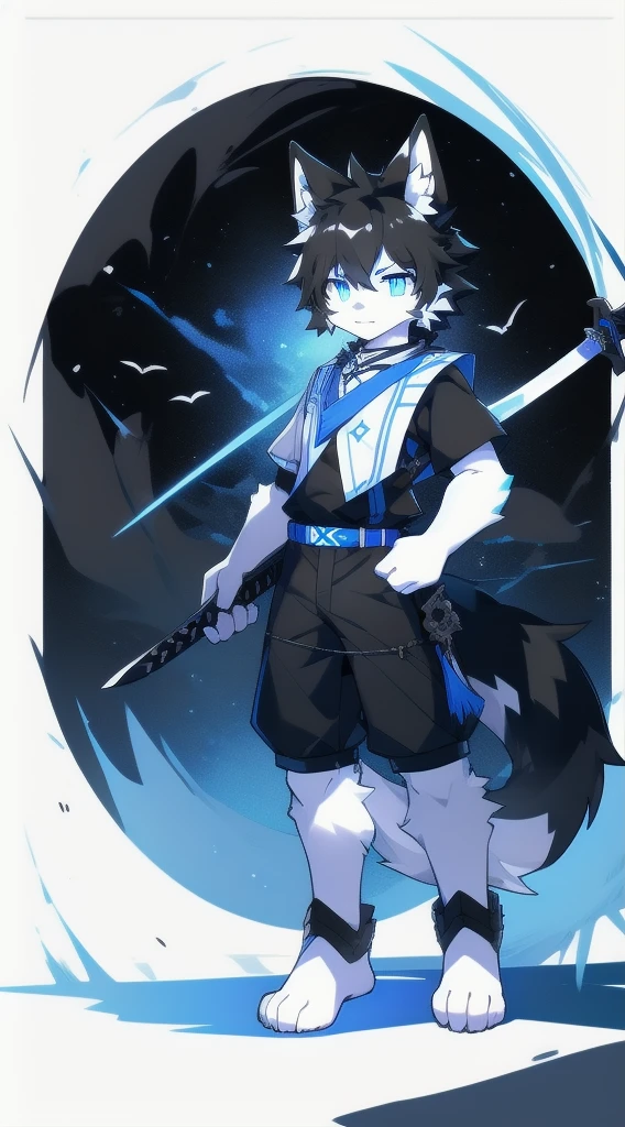 White Wolf,black hair,Sky blue eyes,hairy,Wolf ears,Wolf tail,Full body portrait,The character is in the center of the frame,Handsome,Confident eyes,male,juvenile,Black and white combat uniform,Red neck bib,Black shorts,Short sleeve,hairy arms and legs,Dark background,Dark battlefield,dawn,sunrise,dawn,illumination,shadow,Swordsman,Scabbard and sword,Hold the hilt of a sword in your hand,The scabbard is at the waist,Highest quality