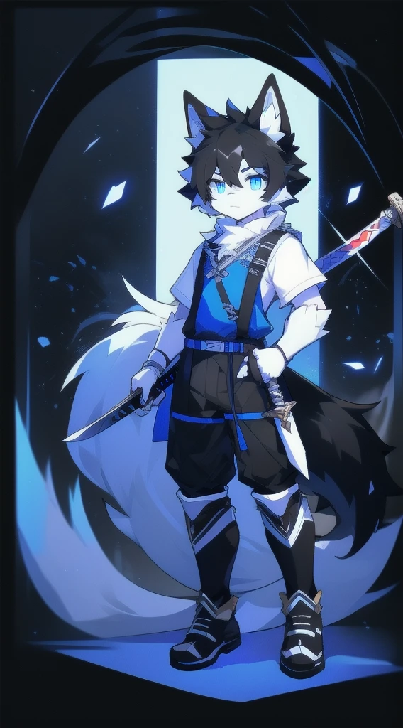 White Wolf,black hair,Sky blue eyes,hairy,Wolf ears,Wolf tail,Full body portrait,The character is in the center of the frame,Handsome,Confident eyes,male,juvenile,Black and white combat uniform,Red neck bib,Black shorts,Short sleeve,hairy arms and legs,Dark background,Dark battlefield,dawn,sunrise,dawn,illumination,shadow,Swordsman,Scabbard and sword,Hold the hilt of a sword in your hand,The scabbard is at the waist,Highest quality