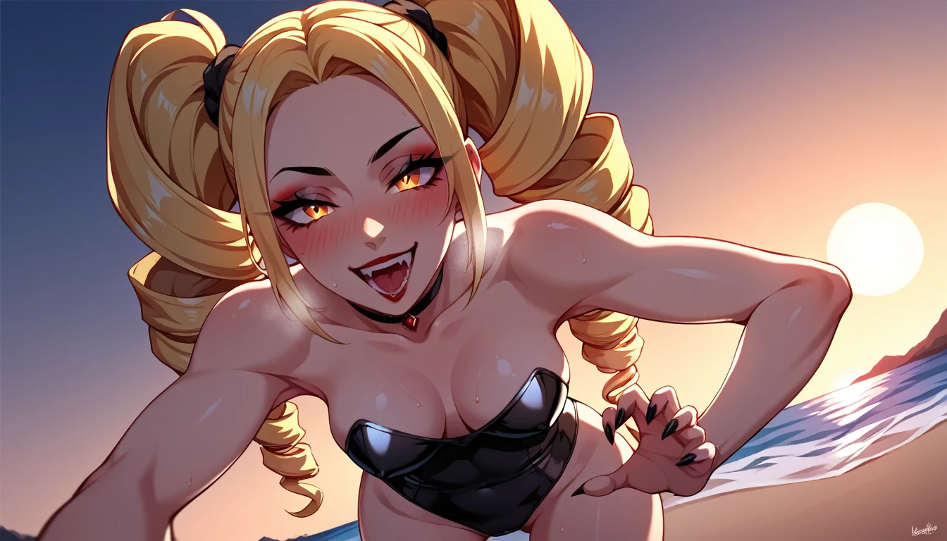 ager, 1girl, Blonde hair, Twin drills hair, solo, seductive smile, grin, nsfw, Villains, POV, lineart, LineAniAF, Bending forward, claw pose, Raise arms, Open mouth, blush, aroused, in heat, chest, View your audience, monochrome, Beach, night, Dark, latex leotard, dramatic angle, unique perspective, unique angle, masterpiece, Top animation quality，Top image quality,