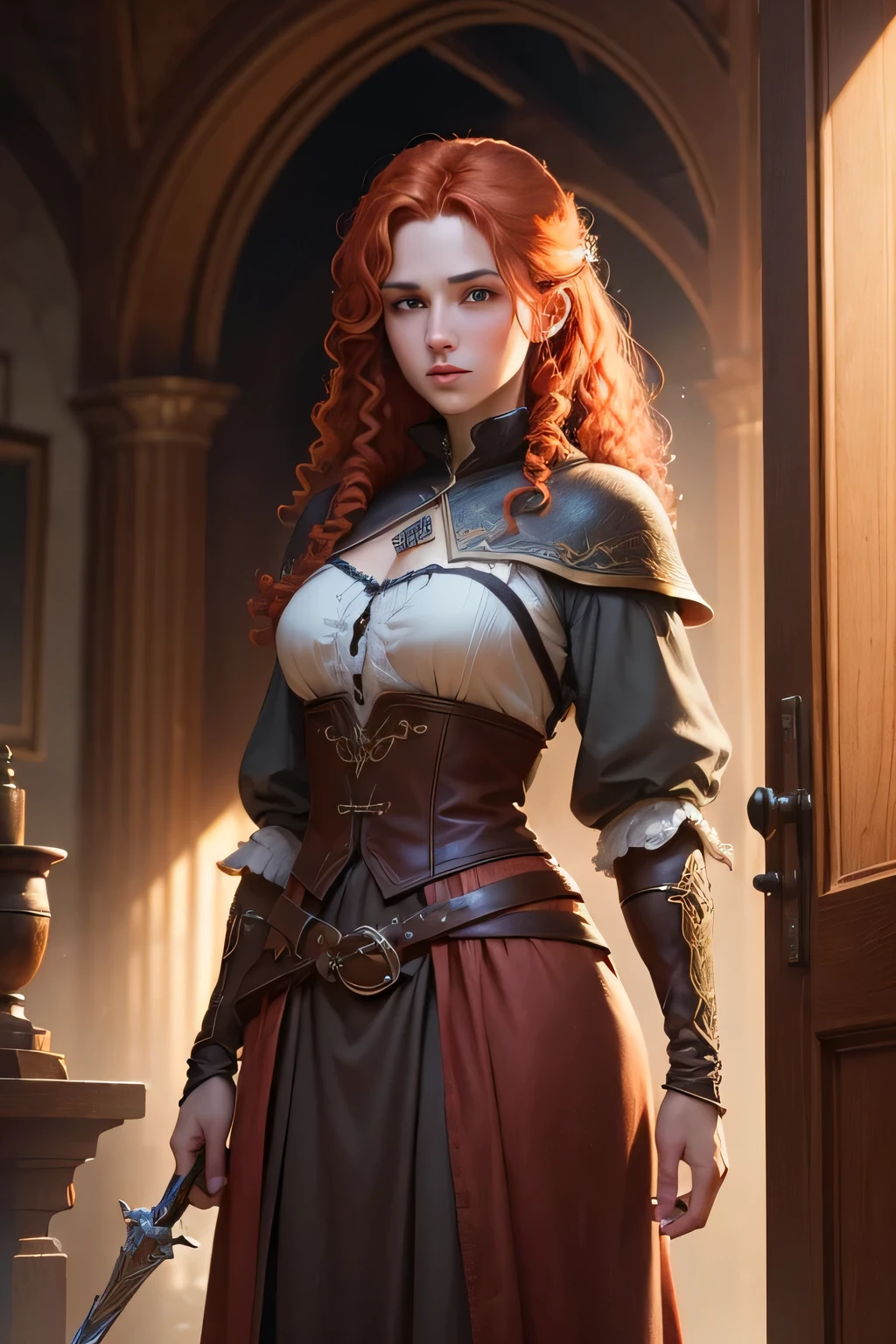 ((best qualityer)), ((work of art)), (detailded), 8K, 4K, hight contrast, work of art, 1 fantasy adventurer ,curly red hair , similar to the works of JRR Tolkien, clear lighting, detailed shadows 

