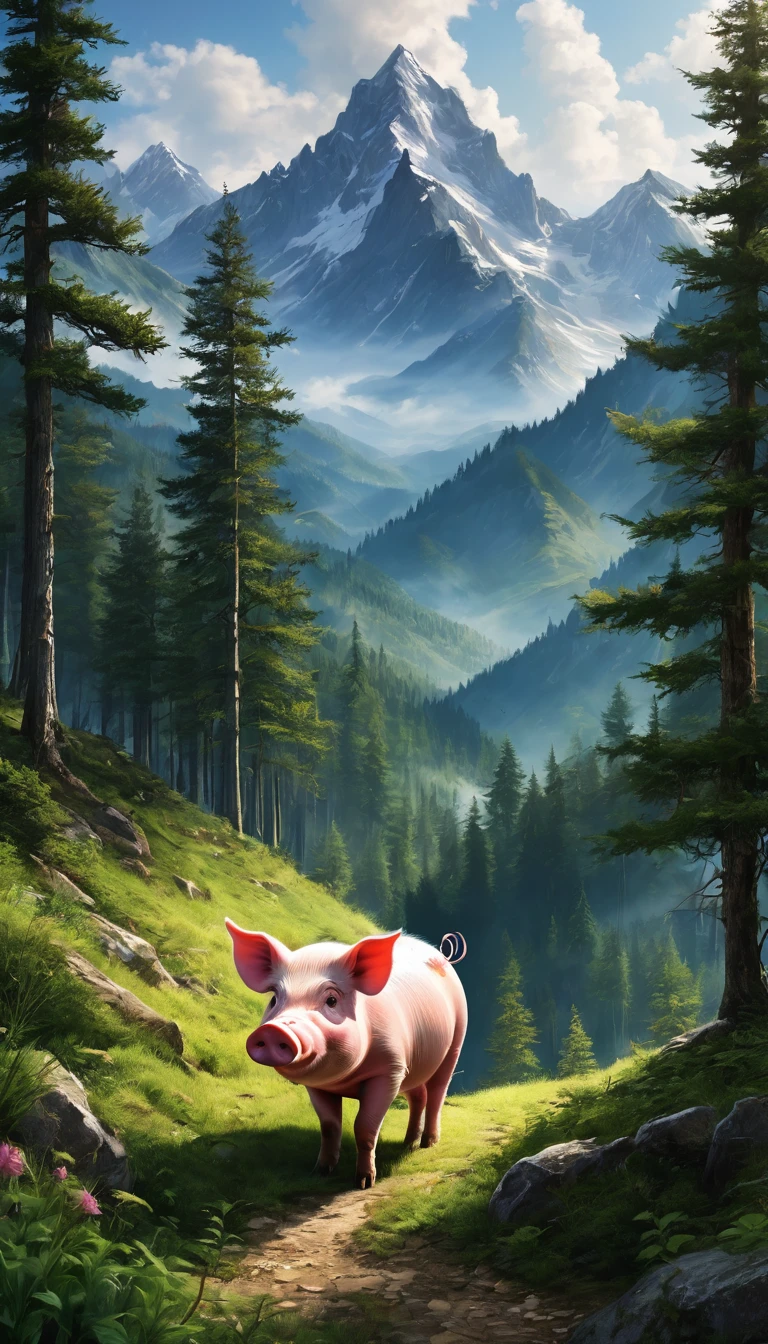 Mountains and forests，There is a kind of beast，A pig&#39;s body with eagle&#39;s claws，(best quality，4K，8K，High level，masterpiece：1.2），Ultra Detailed，（lifelike，Photo real，Photo real：1.37），Highly detailed animals，Realistic lighting，Fantasy Creatures