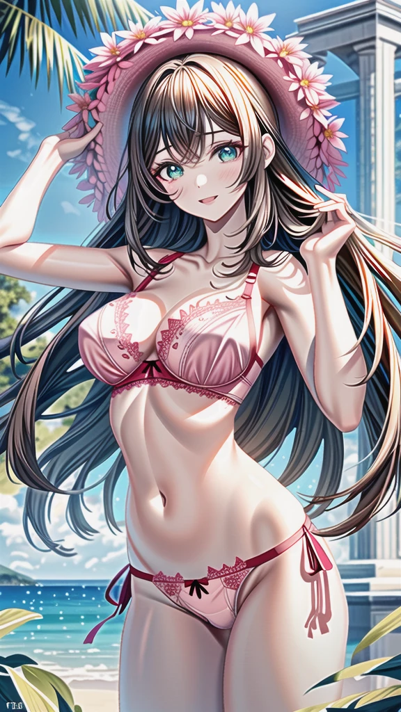 (masterpiece:1.3, Highest quality, Ultra-high resolution, Super detailed), (Realistic, photoRealistic:1.4), Beautiful illustrations, Perfect lighting, colorful, Depth of written boundary, Beautiful detailed hair, Beautifully detailed face, Beautiful fine details, Beautiful clavicle, Beautiful body, Beautiful breasts, Beautiful thighs, Beautiful feet, Beautiful fingers, View your viewers, 1 girl, Perfect Face, (Perfect Anatomy, Anatomically correct), Cute and symmetrical face, Baby Face, , Shiny skin, (Brown Hair), Hair between the eyes, Dark green eyes, Droopy eyes, Big eyes, Long Eyelashes, (((Luxury underwear)))、((Pink floral underwear))),(bra、Embroidery pattern)、(((panties、Embroidery pattern)))、(Beautiful views), Bright lighting、smile、laughing,(((semen)))、(((The whole body is visible)))