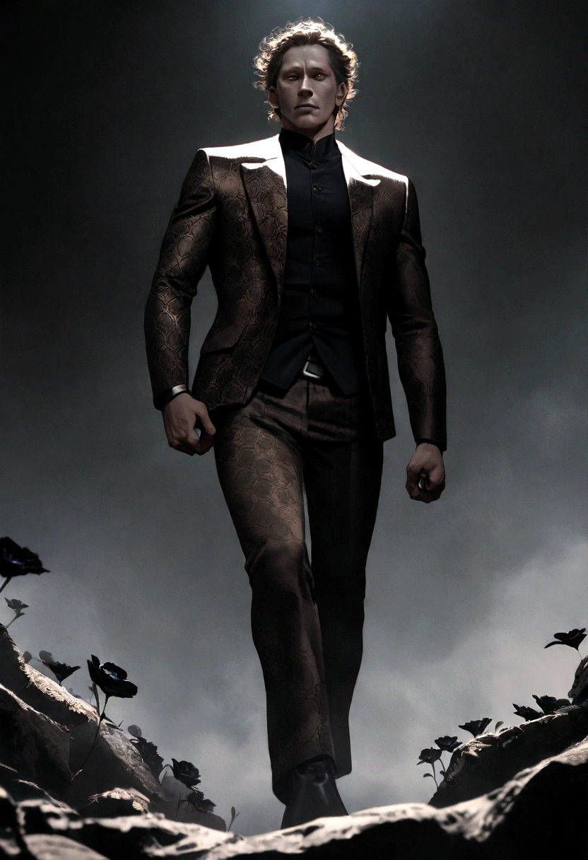 Cinematic photo, wide angle, of a handsom man, tall and fit, 40 years old, (shaven:1.2) , short curly brown hair. dark brown tight velvet suit, (the jacket has black flower patterns:1.2). Minimalistic background, clean composition, strong details, Muted Colours, Hasselblad --style raw
