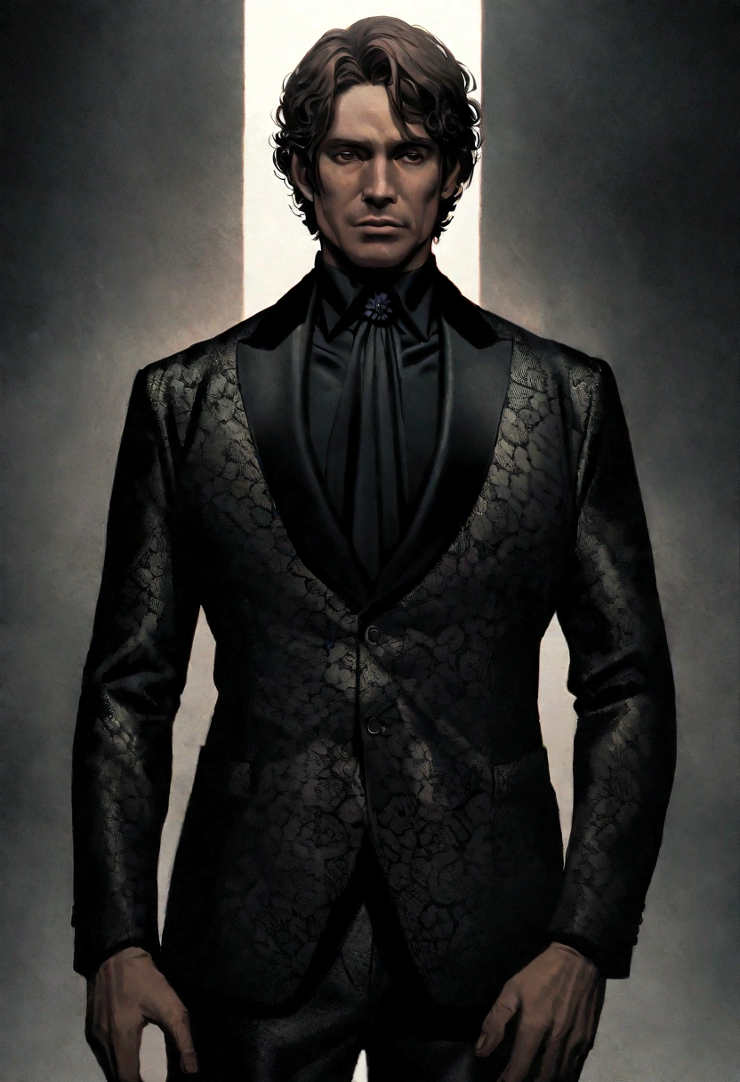 Cinematic photo, wide angle, of a handsom man, tall and fit, 40 years old, (shaven:1.2) , short curly brown hair. dark brown tight velvet suit, (the jacket has black flower patterns:1.2). Minimalistic background, clean composition, strong details, Muted Colours, Hasselblad --style raw