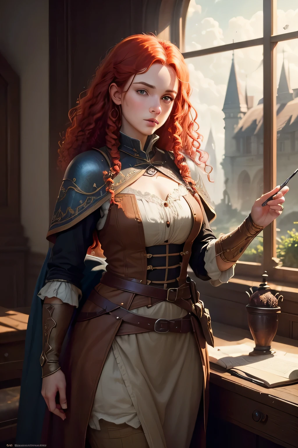 ((best qualityer)), ((work of art)), (detailded), 8K, 4K, hight contrast, work of art, 1 fantasy adventurer ,curly red hair , similar to the works of JRR Tolkien, clear lighting, detailed shadows