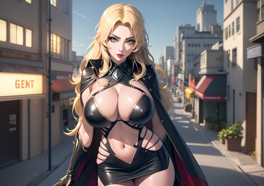 1girl,Alicia Viewsrtream,red lips,red impossible clothes,red elbow gloves, black mini skirt,red thigh boots,cape,incredibly absurdres,Volumetric Lighting,moody lighting,thighs,realistic,reality,hetero,smug,best quality:1.4, intricate details, sharp focus, highres, eleborate atmosphere:0.90, 8K, 4K, UHD, 32k UHD resolution, realistic photo, professional photography, Ultra Detailed 8K CG, ultra high res, High quality texture, High quality shadows, vivid colors, sci-fi, city, night, roof, airships,HDR, makeup, lipstick,mature female,Beautiful Finger,Beautiful long legs,Beautiful body,Beautiful Nose,Beautiful character design, perfect eyes, perfect face, looking at viewer, NSFW,official art,extremely detailed CG unity 8k wallpaper, perfect lighting,Colorful, Bright_Front_face_Lighting, (masterpiece:1.0),(best_quality:1.0), ultra high res,4K,ultra-detailed, photography, 8K, HDR, highres, absurdres:1.2, Kodak portra 400, film grain, blurry background, bokeh:1.2, lens flare, (vibrant_color:1.2) (Beautiful,large_Breasts:1.4), (beautiful_face:1.5),(narrow_waist), (solo:1.4), ((landscape dimension))