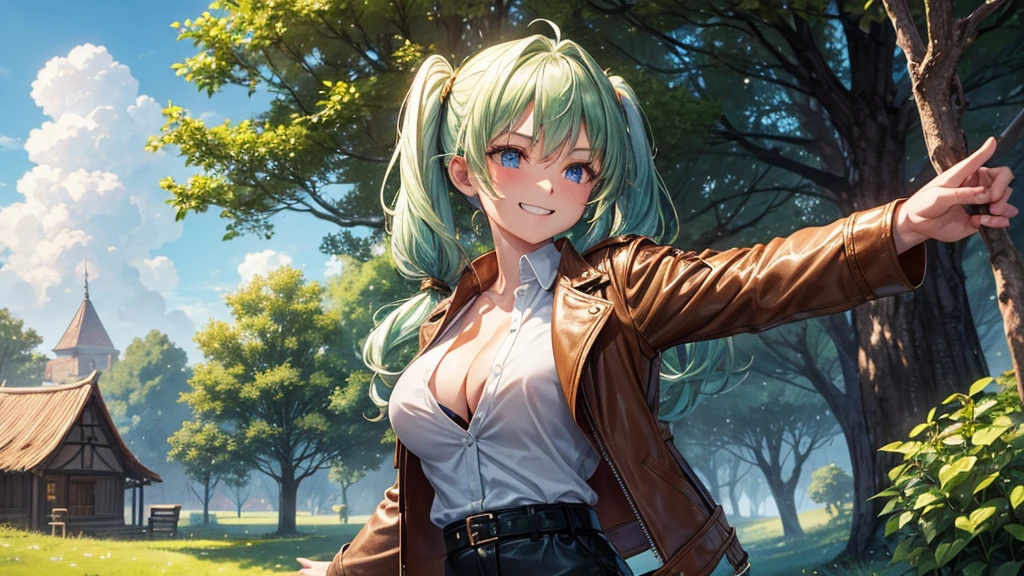1girl, solo, village, houses, trees, sun, clouds, fantasy, medieval, ((pale green hair)), twintail, huge breasts, ((brown leather jacket)), brown leather shorts, ((leather clothes)), button down, ((white shirt)), ((unbuttoned shirt)), ((short sleeved shirt)), cleavage 1:3, blue eyes, skirt, grin, standing, hair clip, golden bow with arrows