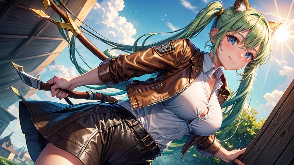 1girl, solo, village, houses, trees, sun, clouds, fantasy, medieval, ((pale green hair)), twintail, huge breasts, ((brown leather jacket)), brown leather shorts, ((leather clothes)), button down, ((white shirt)), ((unbuttoned shirt)), ((short sleeved shirt)), cleavage 1:3, blue eyes, skirt, grin, standing, hair clip, golden bow with arrows