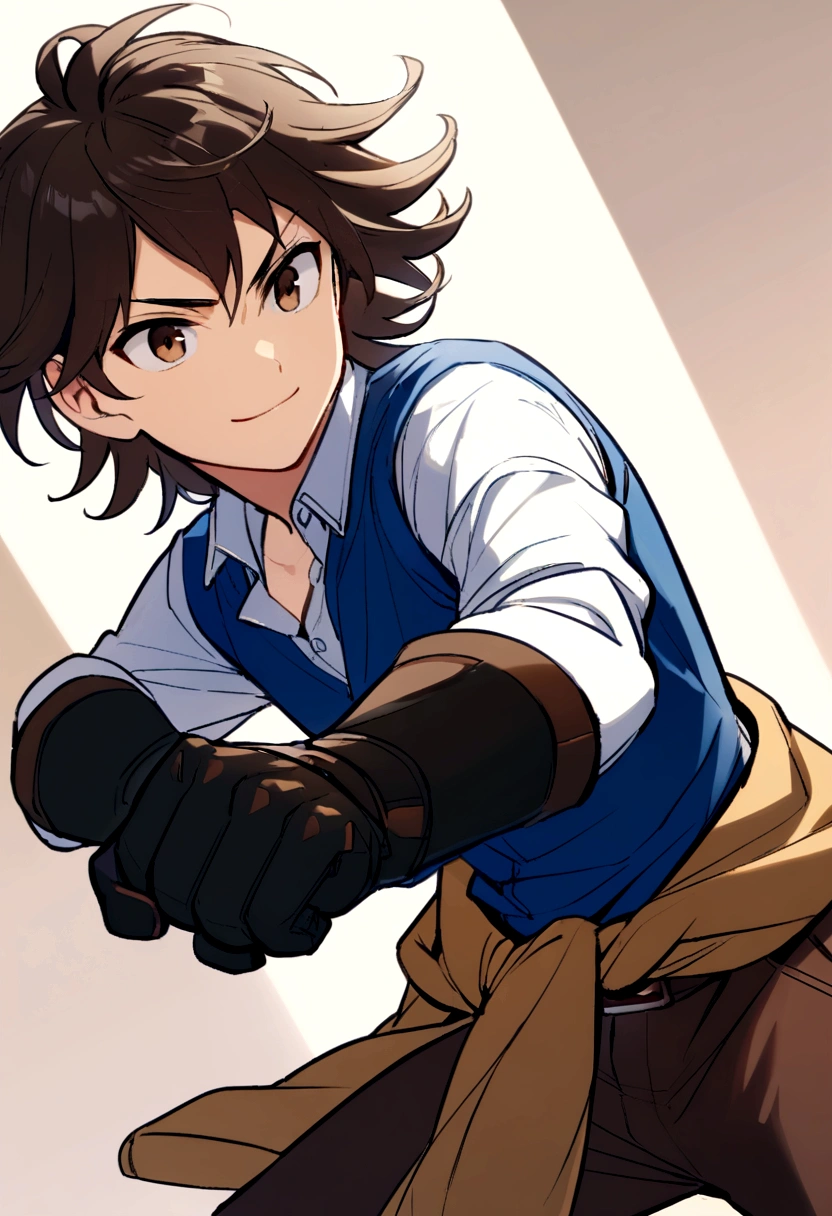 Teenage boy, neat hair medium length hair, dark brown hair, eyes browns, Simple smile, white  shirt, blue blouse around the waist, Brown pants, black fighting gloves