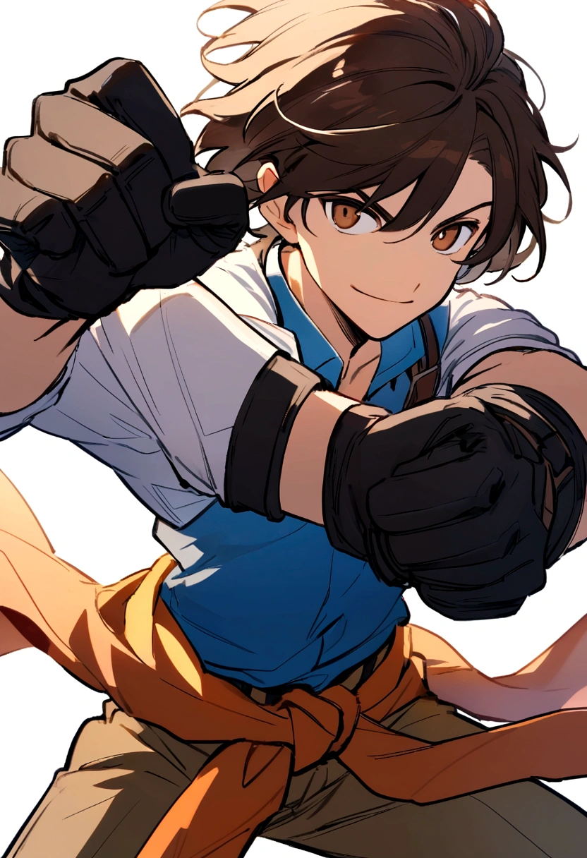 Teenage boy, neat hair medium length hair, dark brown hair, eyes browns, Simple smile, white shirt, blue blouse around the waist, Brown pants, black fighting gloves