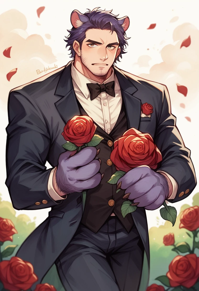 Watercolor elements, 1 boy, Beast field, hairy, Delicate body hair, Animal Face, Animal hands, Handsome boy in tuxedo holding a red rose and looking at the viewer,