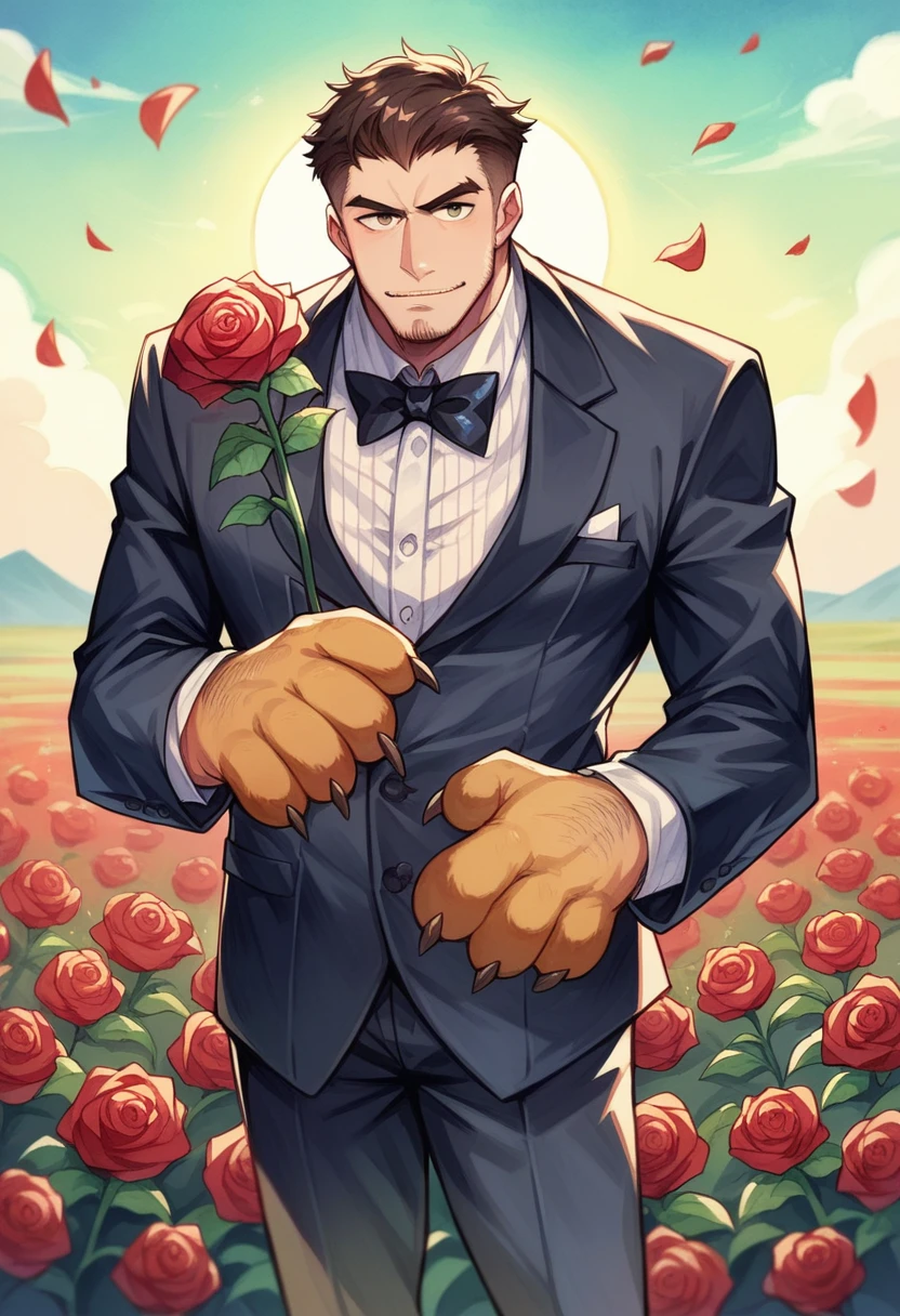 Watercolor elements, 1 boy, Beast field, hairy, Delicate body hair, Animal Face, Animal hands, Handsome boy in tuxedo holding a red rose and looking at the viewer,