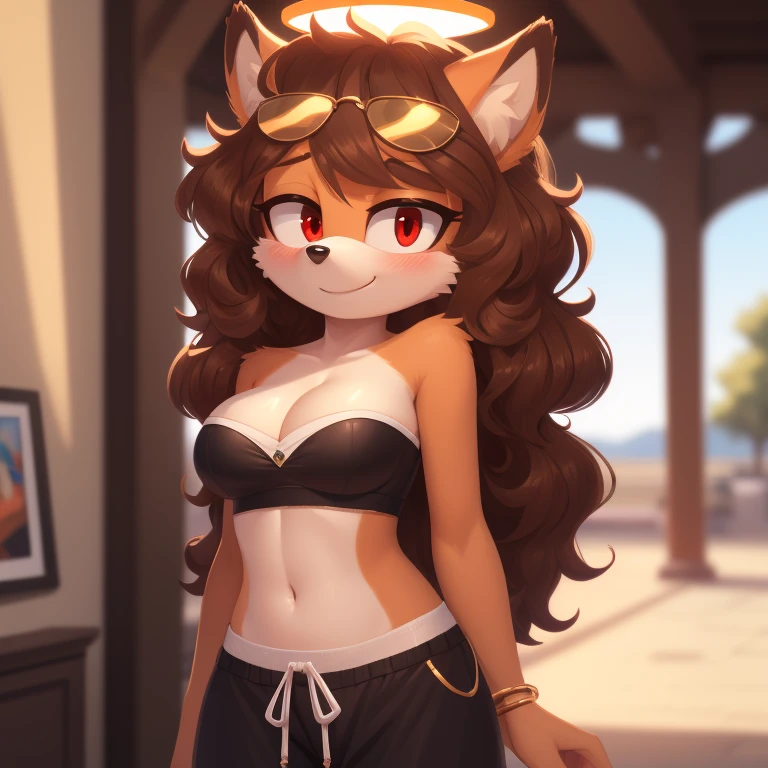 mobian, solo, hedgehog, two-tone fur ((orange fur, brown fur)), strapless crop top, baggy pants, cleavage, two-tone hair (brown hair, black tip)), curly hair, halo, sunglasses, jewelry, red eyes, longeyelashes, red eyes, smile, shy, blush,  framed, stereogram, image fill, viewfinder, depth of field, high details, high detail, masterpiece, UHD, anatomically correct, super detail, highres, 4K