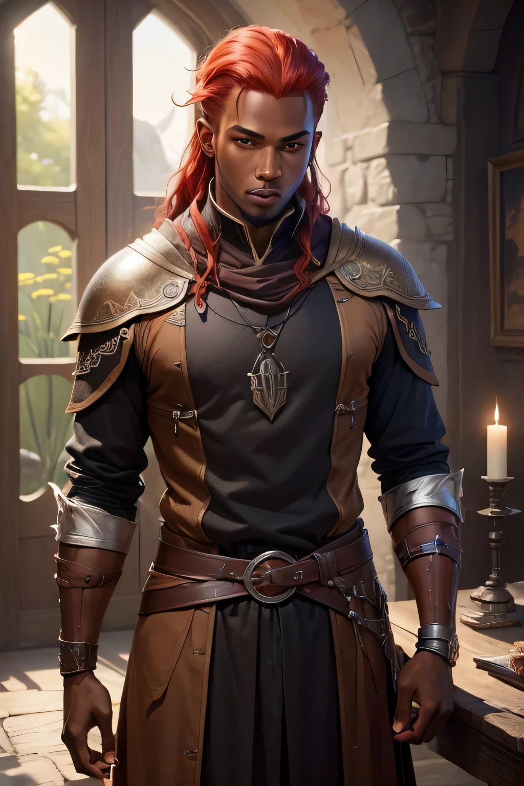 ((best qualityer)), ((work of art)), (detailded), 8K, 4K, hight contrast, work of art, 1 fantasy adventurer ,darkskin,straight red hair , similar to the works of JRR Tolkien, clear lighting, detailed shadows