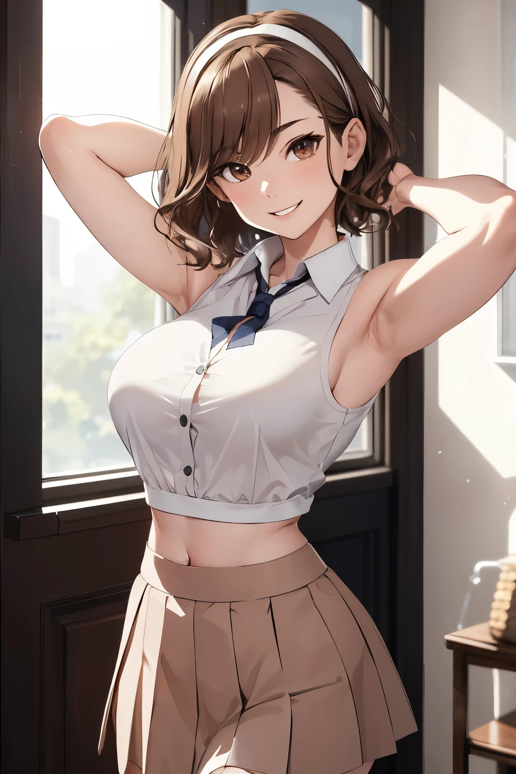 masterpiece, best quality, highres, short hair, brown eyes, wavy hair, pale brown hair, short hair, student uniform, white shirt, skirt, cleavage, mischievous smile, big breasts, saggy breasts, bo bra, (dark hair band), slender body, sleeveless, thin waist, fixing hair, armpit