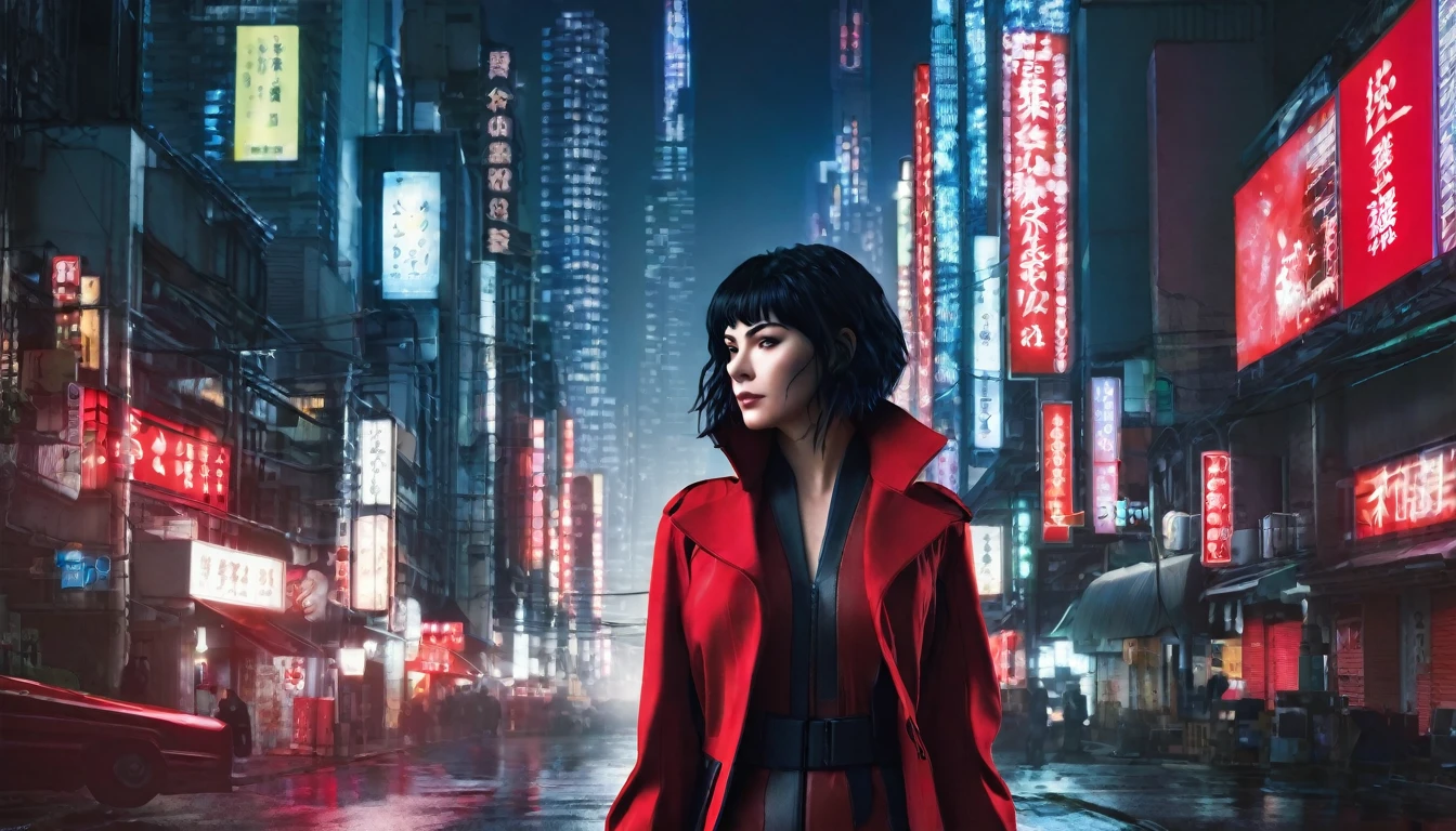 Ghost in the Shell-style image、One Woman、Red coat、In the city at night、Cyberpunk Style、Real