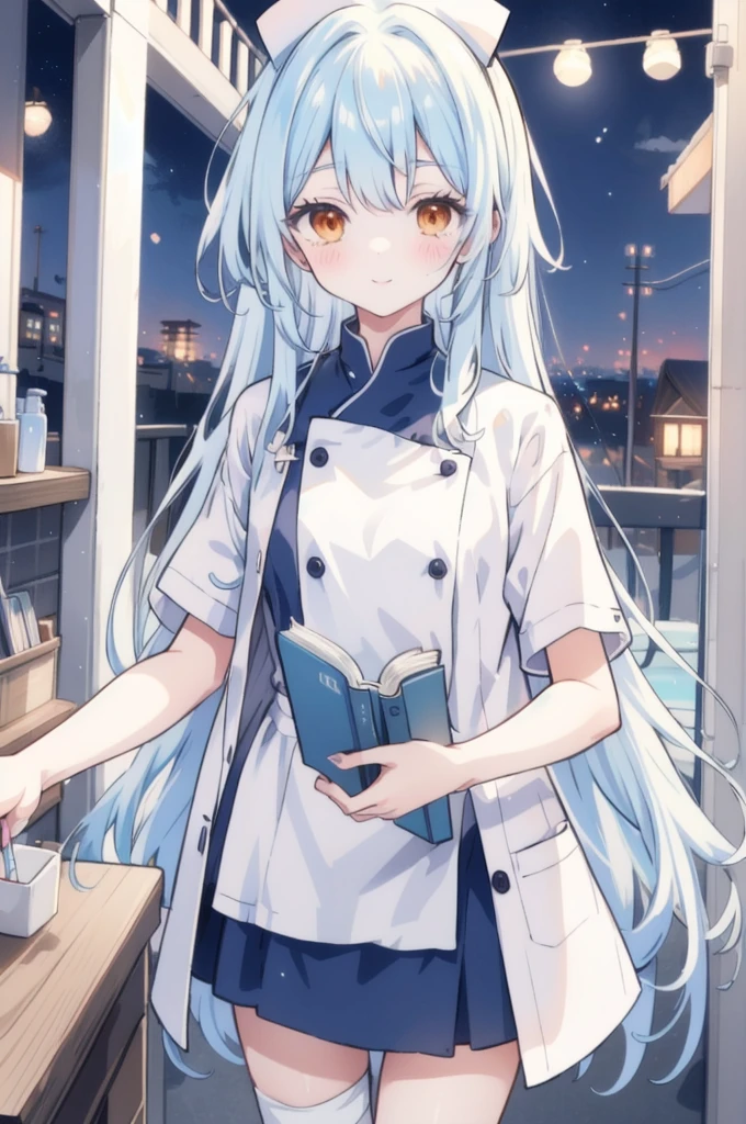 ((masterpiece)), ((Highest quality)), (anime:1.4), (Super detailed:1.2), (High resolution:1.3), (Professional photography:1.3), (Wide Shot), (Sharp focus), (Perfect light), ((12 years old)), 1 Girl, alone, bandage, cross bandage, ((Reading books)), white hair, Orange eyes, Round eyes, Crazy Smile, shy, nurse cap, (nurse uniform), Cross decoration, nurse, Tsundere face, syringe, medicine, white, cute, cute colors,cute,❤️🖤💗💔, 8K, ((jirai fashion)), At the general hospital,With eyes wide open、Scary atmosphere、Distorted facial expressions、Twisted smile、